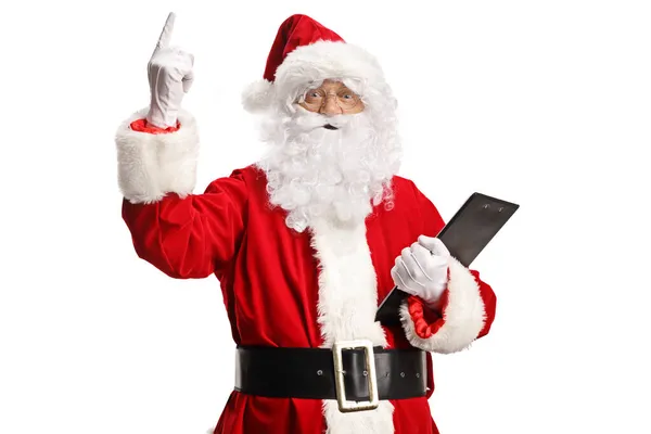 Santa Claus Håller Urklipp Och Peka Upp Isolerad Vit Bakgrund — Stockfoto