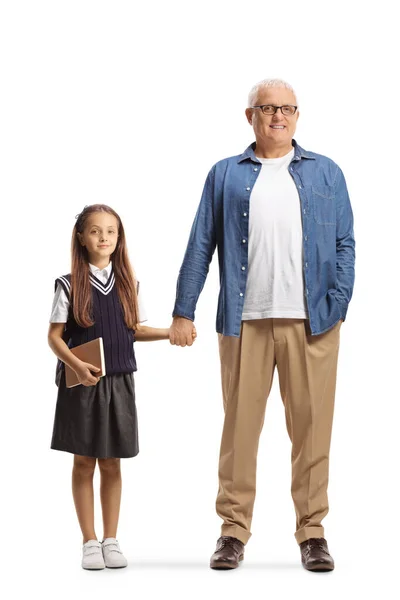 Full Length Portrait Father Daughter Holding Hands Isolated White Background — Stock Photo, Image