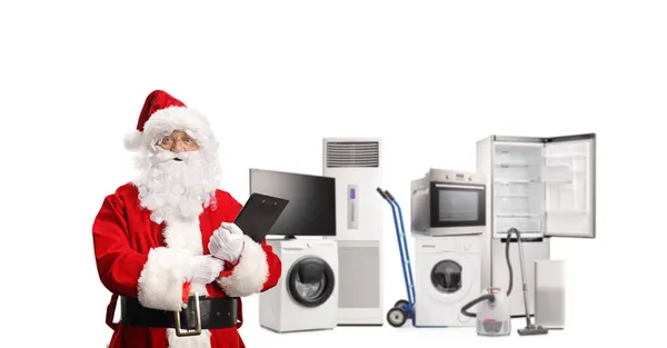 Papai Noel Segurando Uma Área Transferência Posando Com Eletrodomésticos Isolados — Fotografia de Stock