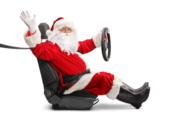 Babbo Natale Seggiolino Possesso Volante Agitando Fotocamera Isolata Sfondo Bianco — Foto Stock
