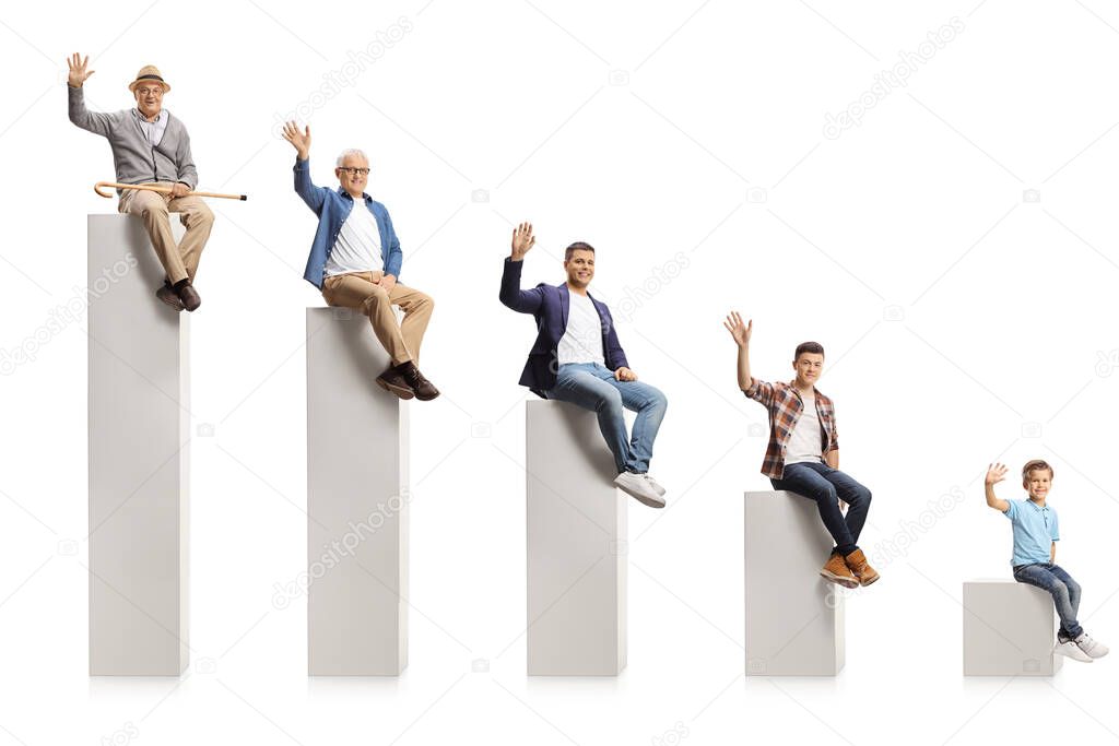 Male persons sitting on a graph chart from youngest to eldest and waving at camera isolated on white background