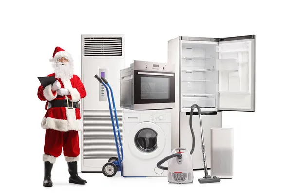 Full Length Portrait Santa Claus Holding Clipboard Standing Front Electrical — Stock Photo, Image