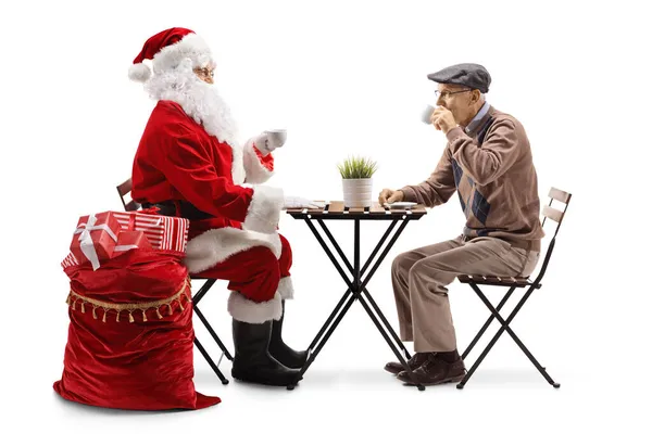 Santa Claus Anciano Hombre Casual Tomando Café Sentado Una Mesa — Foto de Stock