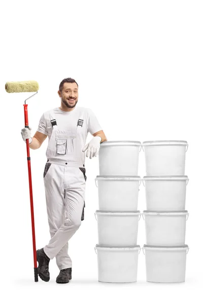 Full Length Portrait House Painter Leaning Buckets Paint Isolated White — Stock Photo, Image