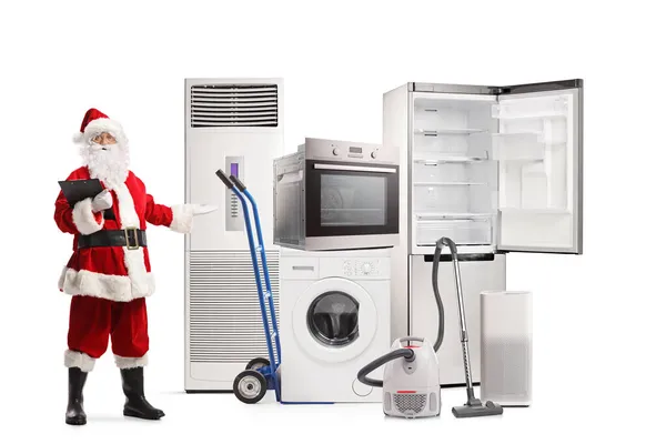 Full Length Portrait Santa Claus Holding Clipboard Pointing Electrical Home — Stock Photo, Image