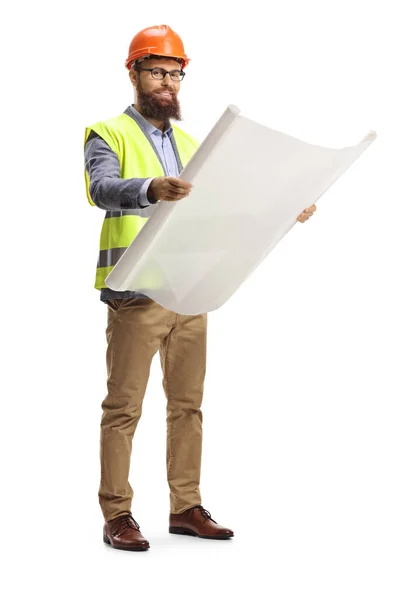 Fotografía Completa Ingeniero Obra Sosteniendo Plano Llevando Casco Aislado Sobre — Foto de Stock