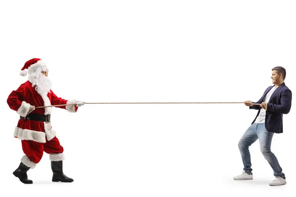 Profilo Figura Intera Giovane Uomo Babbo Natale Tirando Una Corda — Foto Stock