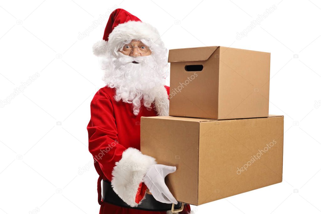 Smiling santa claus carrying cardboard boxes isolated on white background
