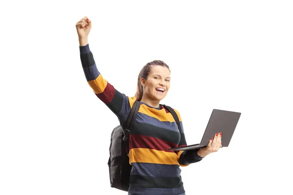 Mujer Feliz Estudiante Sosteniendo Ordenador Portátil Levantando Brazo Aislado Sobre — Foto de Stock