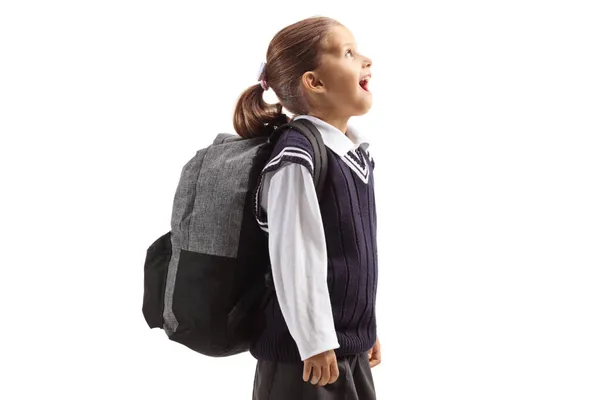 Sorprendida Colegiala Mirando Hacia Arriba Aislado Sobre Fondo Blanco — Foto de Stock