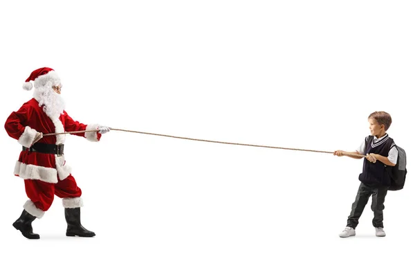 Vollständige Profilaufnahme Eines Schülers Und Eines Weihnachtsmannes Der Ein Seil — Stockfoto