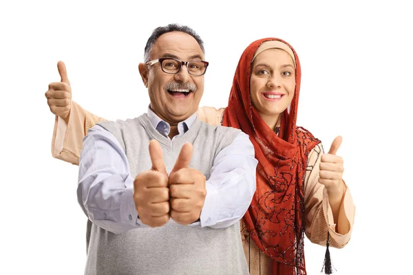Excited Mature Man Young Lady Hijab Showing Both Thumbs Isolated — Stock Photo, Image