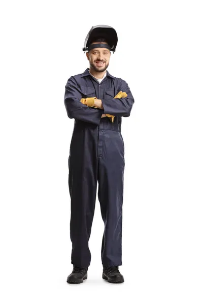 Full Length Portrait Welder Uniform Shield His Head Isolated White — Stock Photo, Image