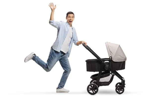 Full Length Profile Shot Happy Excited Father Running Stroller Waving — Stock Photo, Image