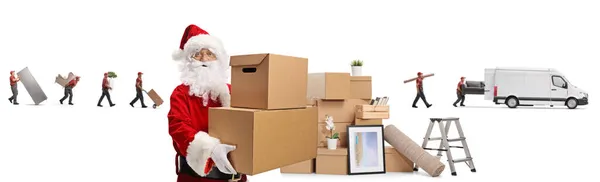 Санта Клаус Картонными Коробками Перевозчиками Загрузкой Фургона Удаления Изолированы Белом — стоковое фото
