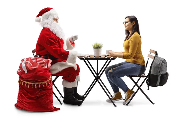 Santa Claus Πίνοντας Καφέ Και Κάθεται Ένα Τραπέζι Μια Νεαρή — Φωτογραφία Αρχείου