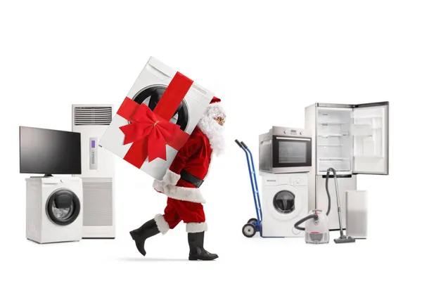 Perfil Comprimento Total Tiro Santa Claus Carregando Uma Máquina Lavar — Fotografia de Stock