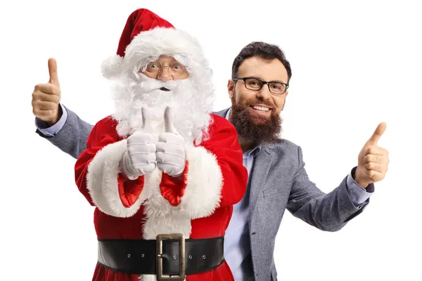 Noel Baba Nın Arkasındaki Mutlu Sakallı Adam Beyaz Arka Planda — Stok fotoğraf