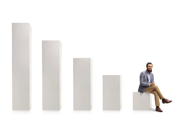 Bearded Man Sitting Smallest Column Bar Chart Isolated White Background — Stock Photo, Image