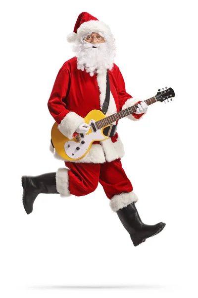 Pełna Długość Portret Santa Claus Gra Gitarze Electirc Skoki Izolowane — Zdjęcie stockowe