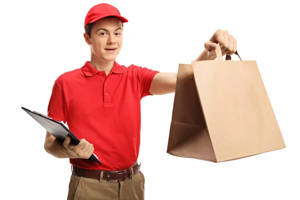 Consegna Fast Food Uomo Con Sacchetto Carta Blocco Appunti Isolato — Foto Stock