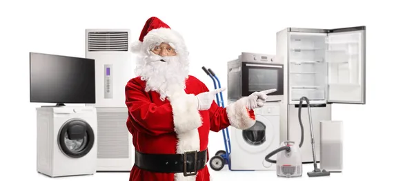 Santa Claus Showing Electrical Home Appliances Isolated White Background — Stock Photo, Image