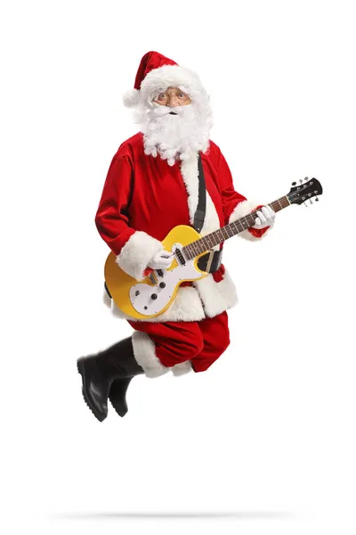 Santa Claus Jumping Playing Yellow Electirc Κιθάρα Απομονωμένη Λευκό Φόντο — Φωτογραφία Αρχείου