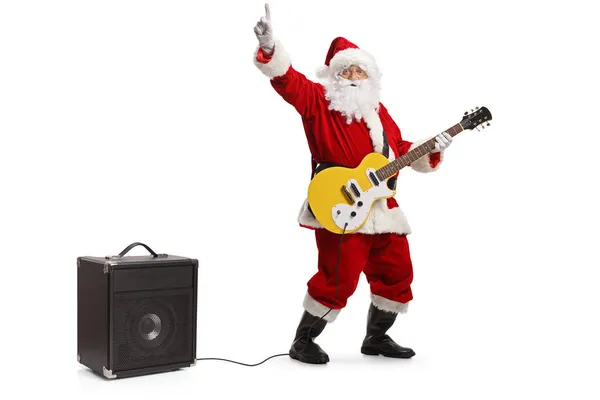 Santa Claus Tańczy Gra Gitarze Electirc Podłączony Wzmacniacza Izolowane Białym — Zdjęcie stockowe
