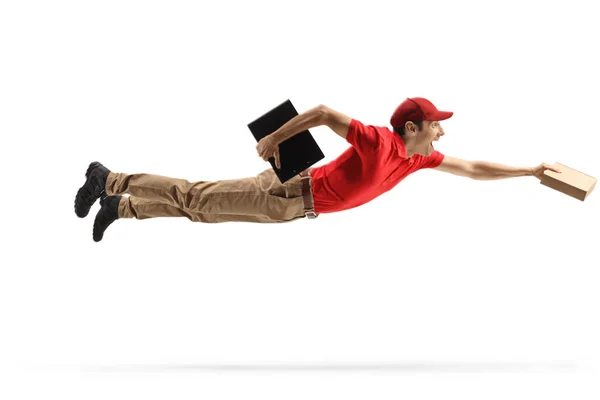 Entrega Hombre Volando Entregando Paquete Aislado Sobre Fondo Blanco — Foto de Stock