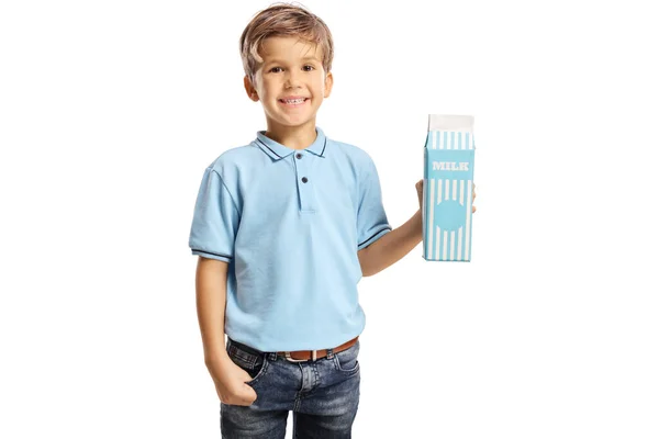 Cute Little Boy Holding Carton Pack Milk Isolated White Background — Stock Photo, Image