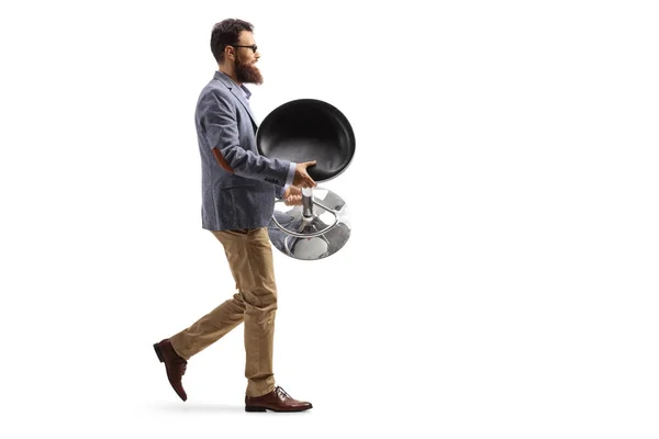 Full Length Profile Shot Bearded Man Walking Carrying Bar Chair — Stock Photo, Image