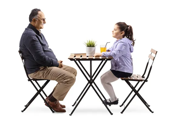 Mature Man Talking Little Girl Sitting Cafe Isolated White Background — Stock Photo, Image