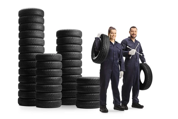 Male Female Auto Mechanic Workers Lug Wrench Tool Standing Next — Stock Photo, Image