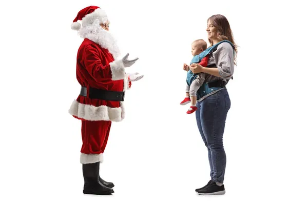 Perfil Cuerpo Entero Plano Santa Claus Hablando Con Una Madre — Foto de Stock