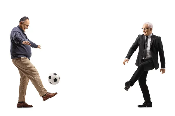 Full Length Profile Shot Businessman Mature Man Kick Football Izolowane — Zdjęcie stockowe
