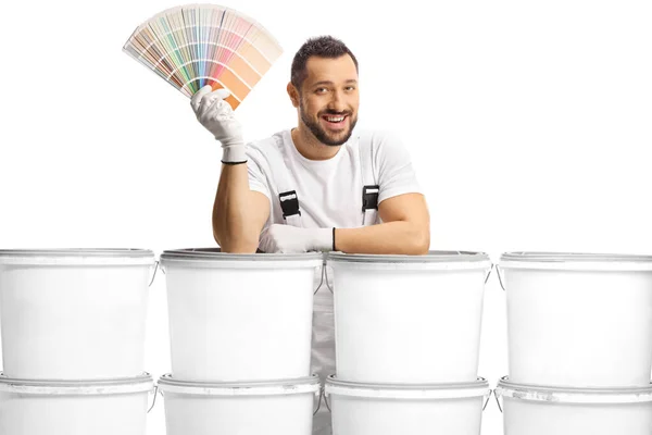House Painter Leaning Pile Buckets Holding Color Palette Isolated White — Stock Photo, Image