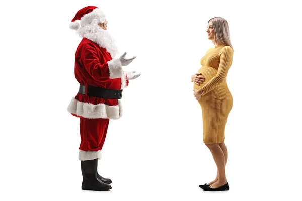 Full Length Profile Shot Santa Claus Talking Pregnant Woman Isolated — Stock Photo, Image