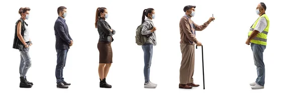 People Face Masks Waiting Line Showing Mobile Phone Security Officer — Stock Photo, Image