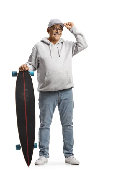 Full Length Portrait Cheerful Mature Man Greeting Cap Holding Longboard — Stock Photo, Image