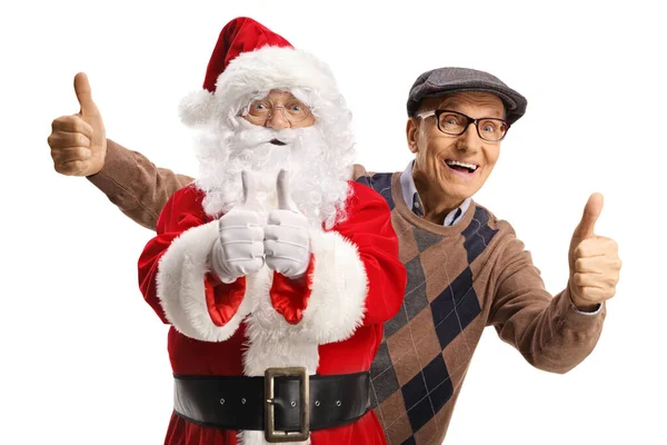 Homem Idoso Feliz Que Está Atrás Papai Noel Mostrando Ambos — Fotografia de Stock