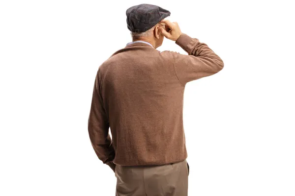 Rear View Shot Pensive Elderly Man Standing Thinking Isolated White — Stock Photo, Image