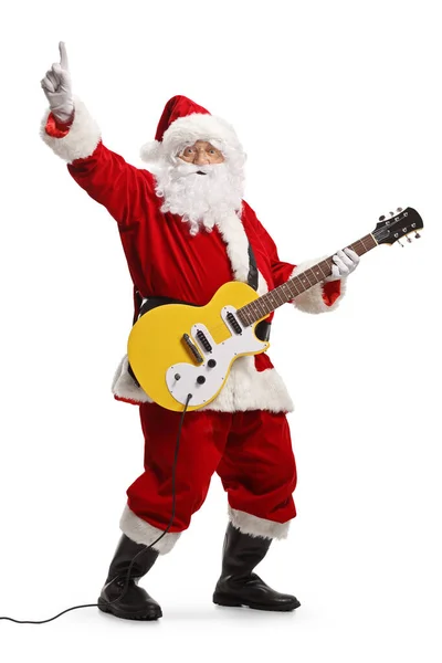Święty Mikołaj Gra Gitarze Electirc Wskazując Izolowane Białym Tle — Zdjęcie stockowe