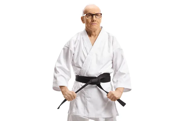 Érett Férfi Karate Mester Fekete Pózol Elszigetelt Fehér Háttér — Stock Fotó