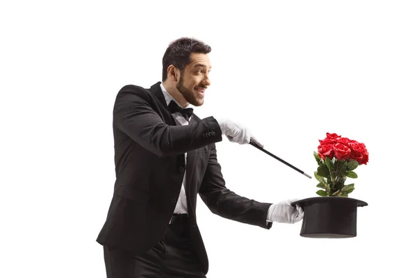 Profile Shot Magician Performing Trick Hat Roses Isolated White Background — Stock Photo, Image