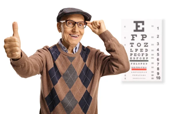 Satisfied Elderly Man Glasses Eye Examination Test Gesturing Thumbs Isolated — Stock Photo, Image