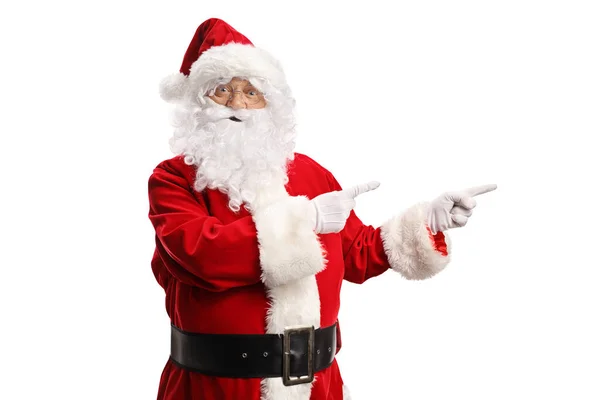 Weihnachtsmann Zeigt Mit Beiden Händen Isoliert Auf Weißem Hintergrund — Stockfoto