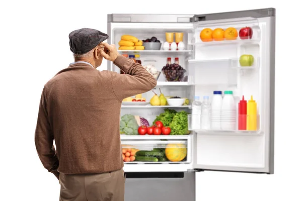 Rear View Shot Elderly Man Looking Open Fridge Food Isolated — Stock Photo, Image