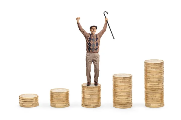 Happy Elderly Man Raising Hands Standing Pile Coins Isolated White — Stock Photo, Image