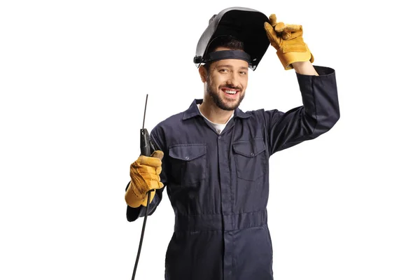 Jovem Soldador Uniforme Escudo Cabeça Segurando Uma Máquina Solda Isolada — Fotografia de Stock