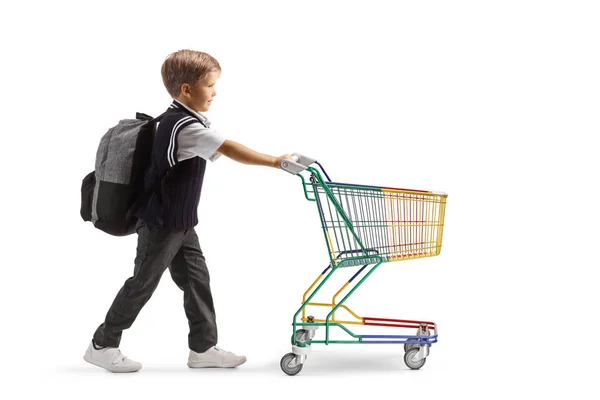 Volledig Profiel Shot Van Een Schooljongen Duwen Een Mini Winkelwagen — Stockfoto